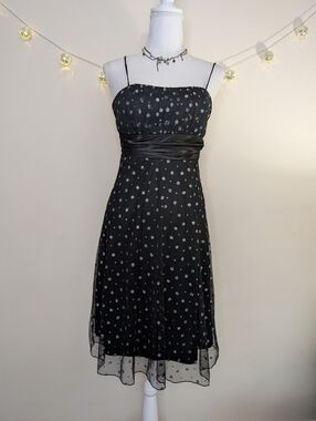 Y2K Black Polka Dot Midi Dress with Satin Waistband